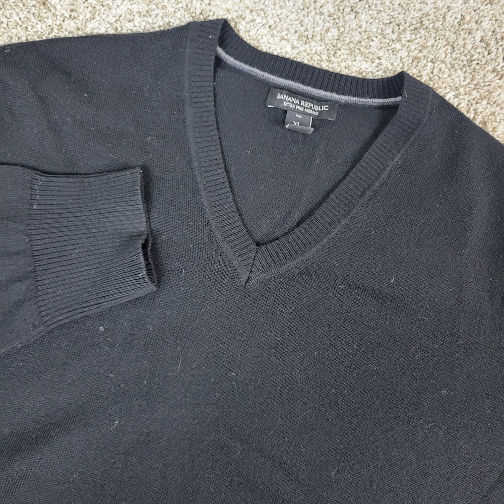 Banana Republic Mens XL Black Stretch Knit V Neck Sweater 100% Merino‎ Fine Wool